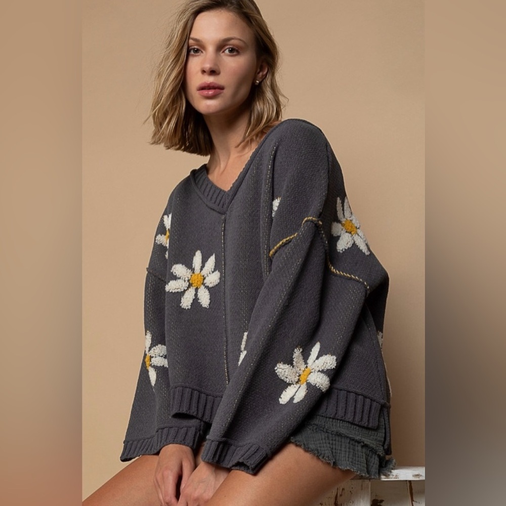 POL New Oversized Charcoal Flower Sweater Front/Back Size Small